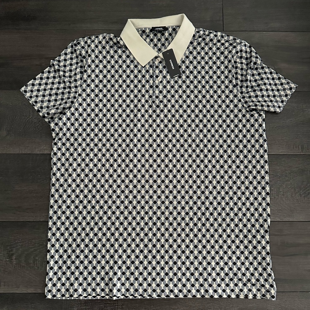Express Men's Checkered Polo Shirt - Black and White Size L